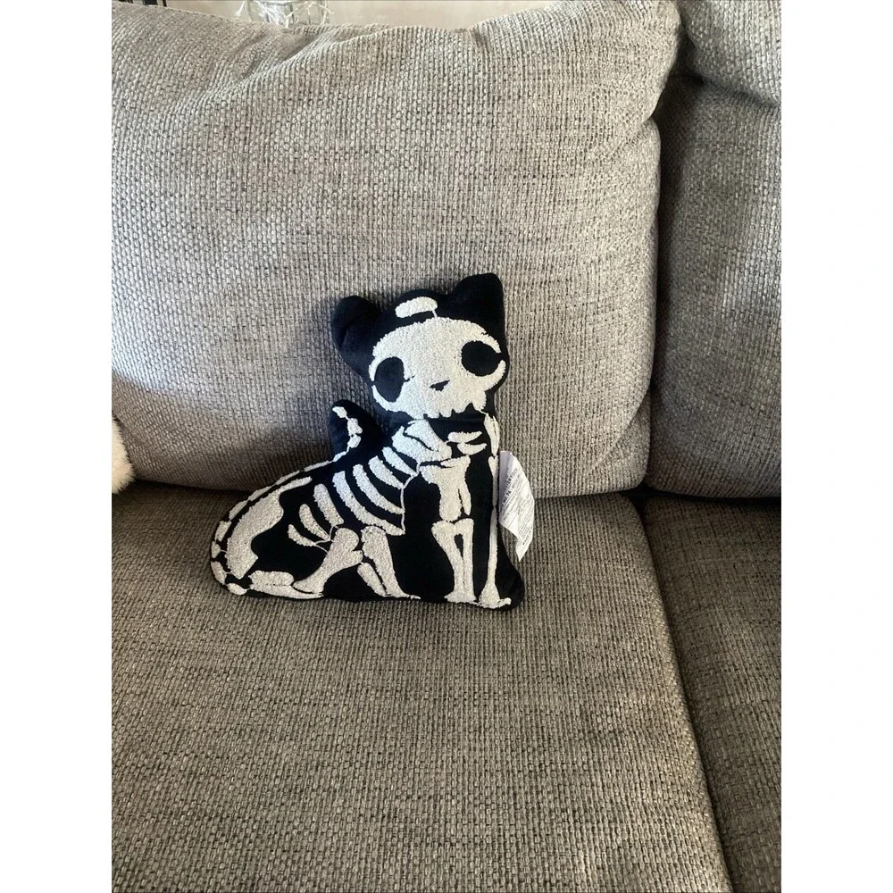 Black & White Skeleton Cat Decorative Pillow Plush Embroidered Fall Halloween